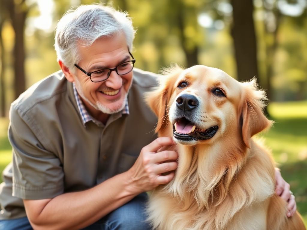 A happy owner petting a golden retriever, representing pet insurance