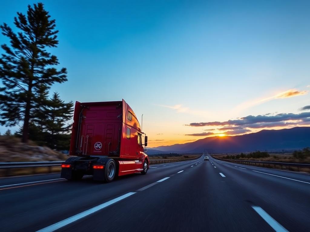 A semi-truck on a highway at sunset, representing trucking insurance