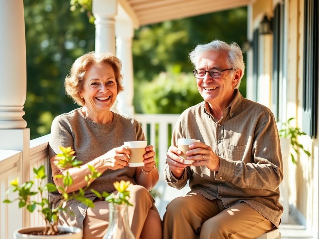 A retired couple enjoying coffee on the porch, representing annuities