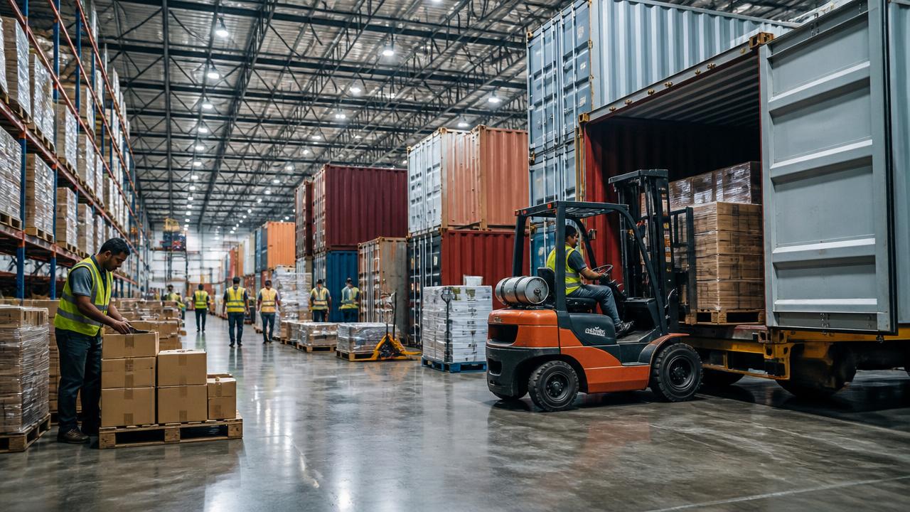 A forklift loading pallets into a shipping container inside a distribution warehouse, representing cargo insurance for goods in transit