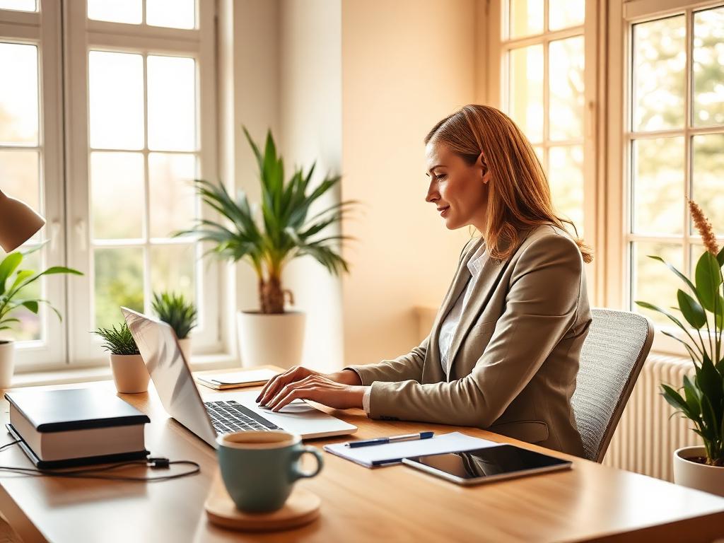 A professional working from a bright home office, representing disability income insurance