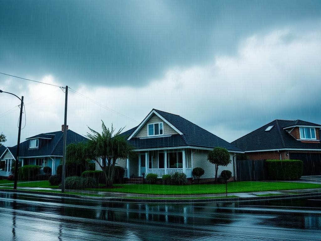 Rainfall over a suburban home, representing flood insurance protection