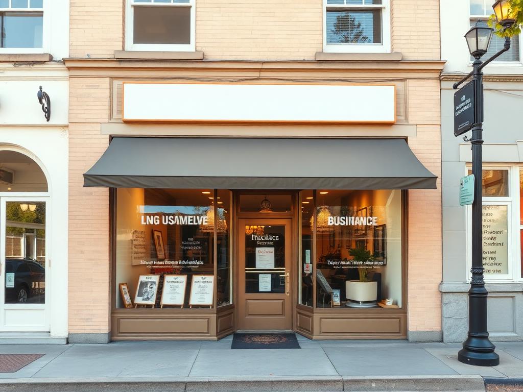 A small business storefront on main street, representing general liability coverage