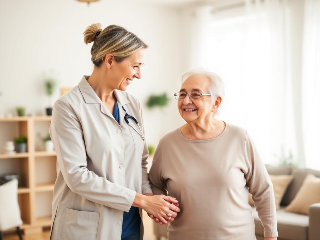 A caregiver supporting a smiling elderly parent, representing long-term care insurance