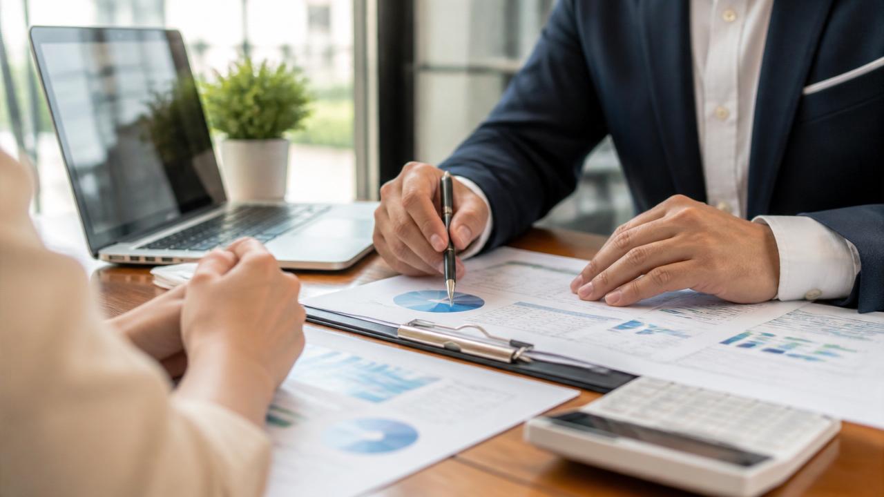 A financial advisor reviewing charts and documents with a client at a desk, representing professional liability (errors & omissions) coverage
