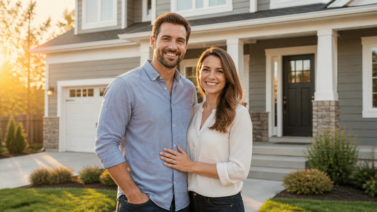 A young family in front of their home, representing term life insurance
