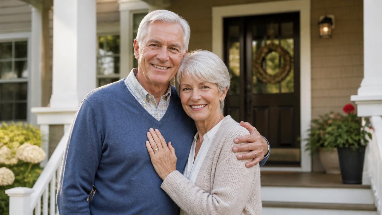 A mature couple embracing outside their home, representing whole life insurance