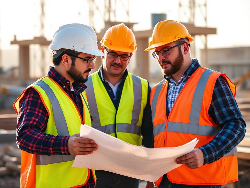 Construction workers reviewing plans on site, representing workers' compensation